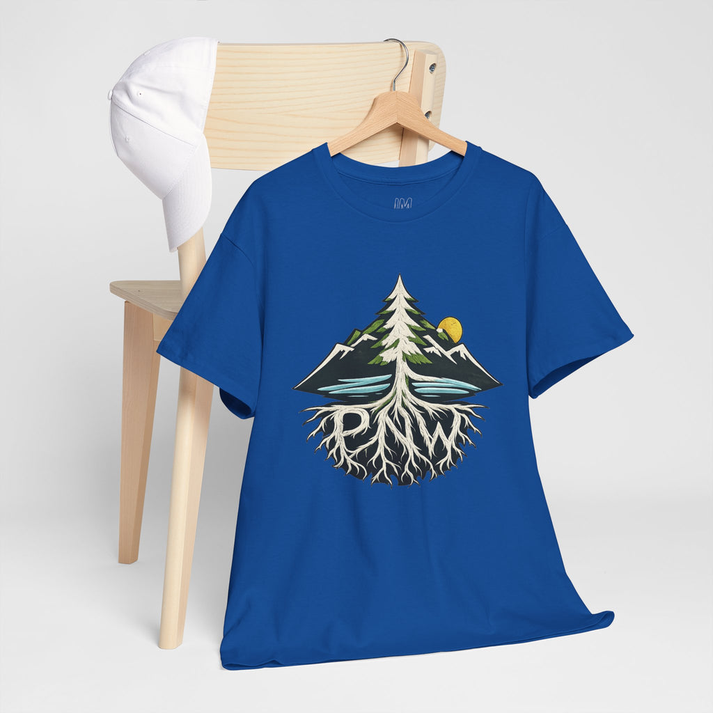Tree & Roots Mountain T-Shirt — "Rooted in the Pacific Northwest" Nature Graphic Tee