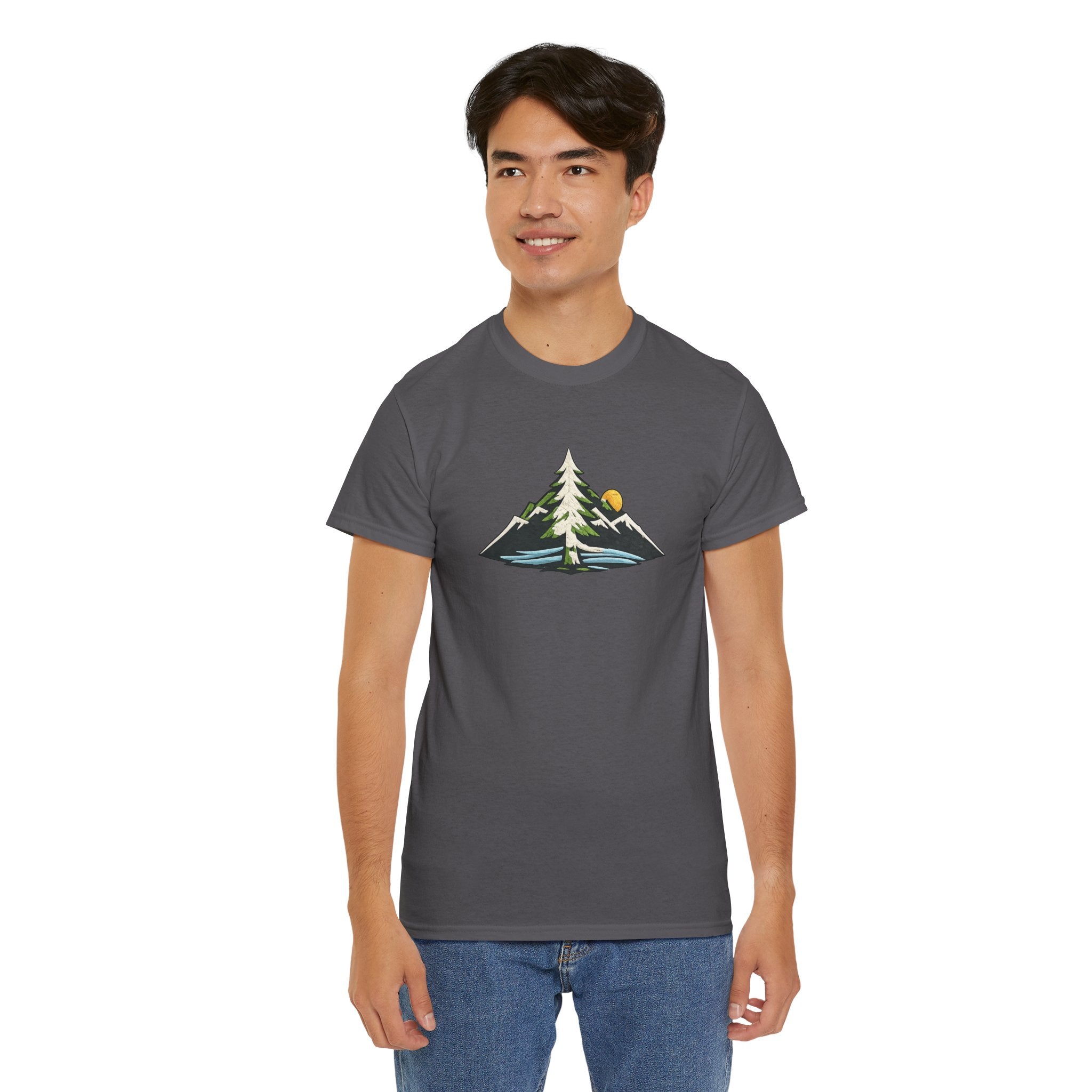 Pacific Northwest Mountain & Tree Tee — Minimal Nature Scenic Shirt
