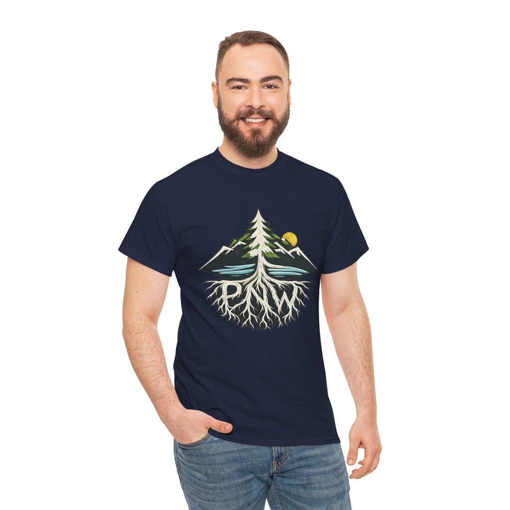 Tree & Roots Mountain T-Shirt — "Rooted in the Pacific Northwest" Nature Graphic Tee